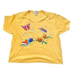 Victoria Woman Golden Yellow Vintage V Neck Embellished Butterfly Flower Tee 2X